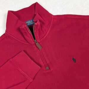 Polo Ralph Lauren Pullover Mens XXL Red 1/4 Zip Estate Rib Leather Pull Pony